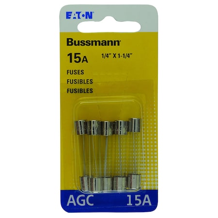 Eaton Bussmann Glass Fuse, AGC Series, Fast-Acting, 15A, 32V AC, 1kA at 32V AC, 5 PK BP/AGC-15-RP